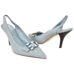 Manolo Blahnik Shoe Light Blue Textile Beaded Buckle Slingback 40.5 / 10.5 