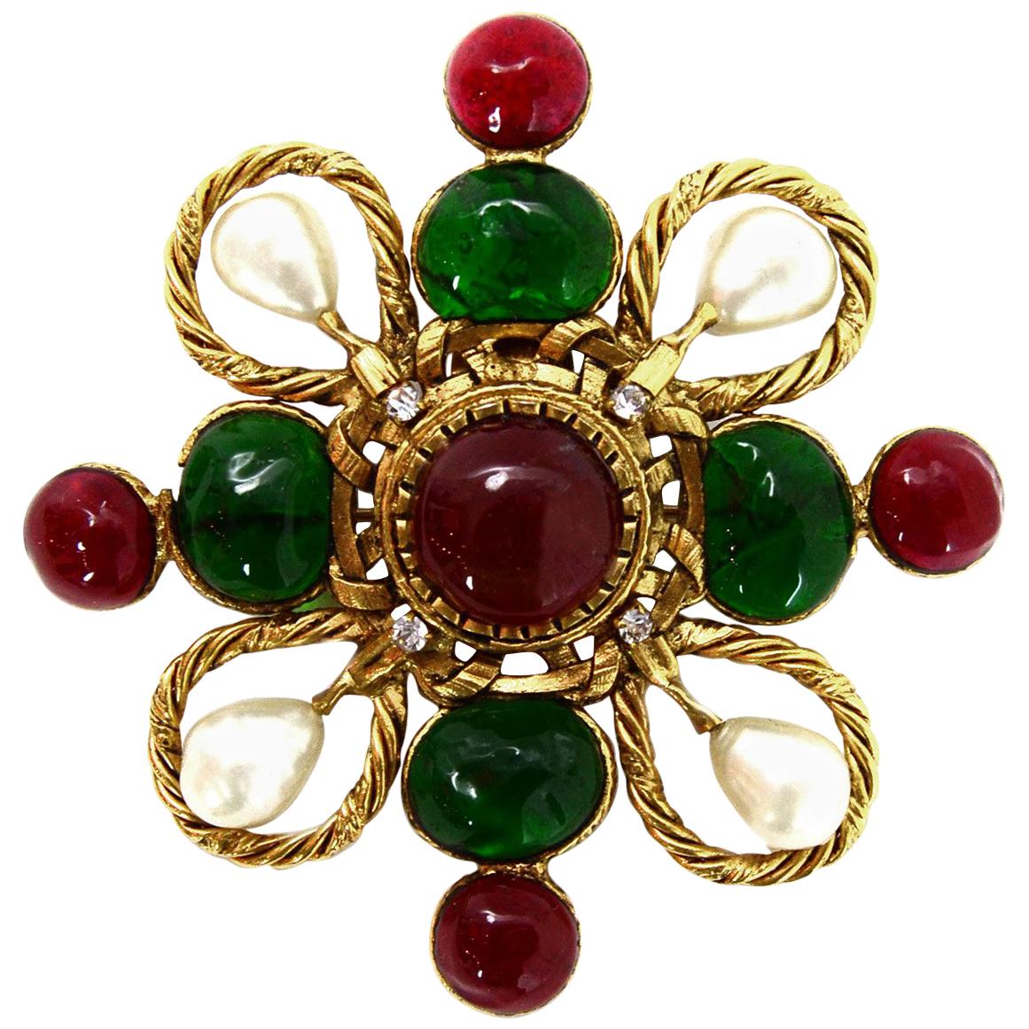 Gold Metal, Red and Green Gripoix Clover Brooch, 1980s