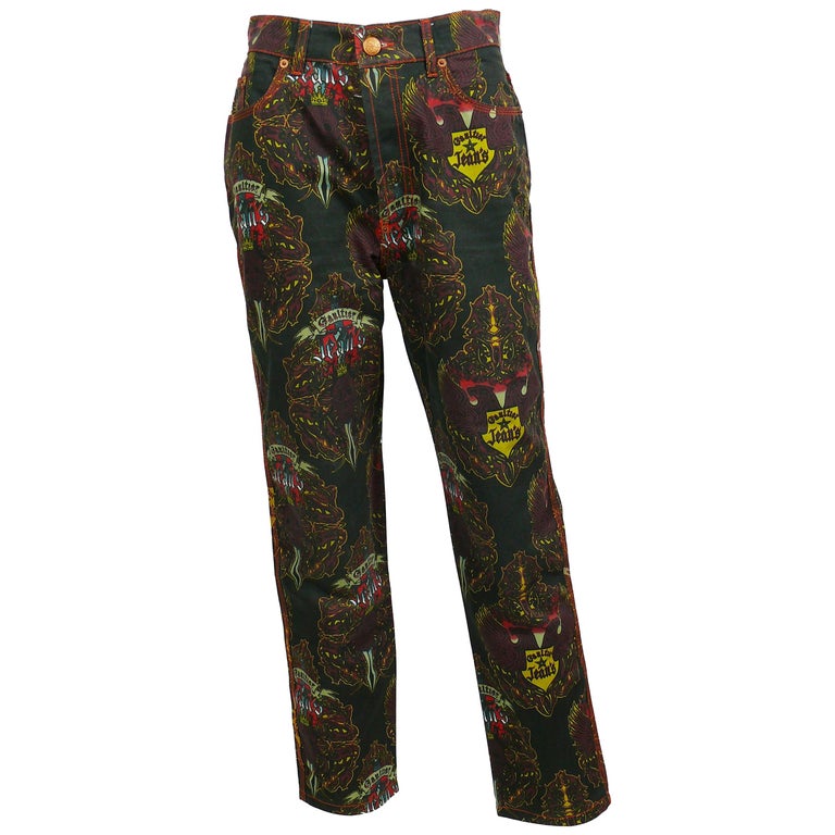 Jean Paul Gaultier Vintage Crowned Skull and Eagle Print Pants Trousers For Sale