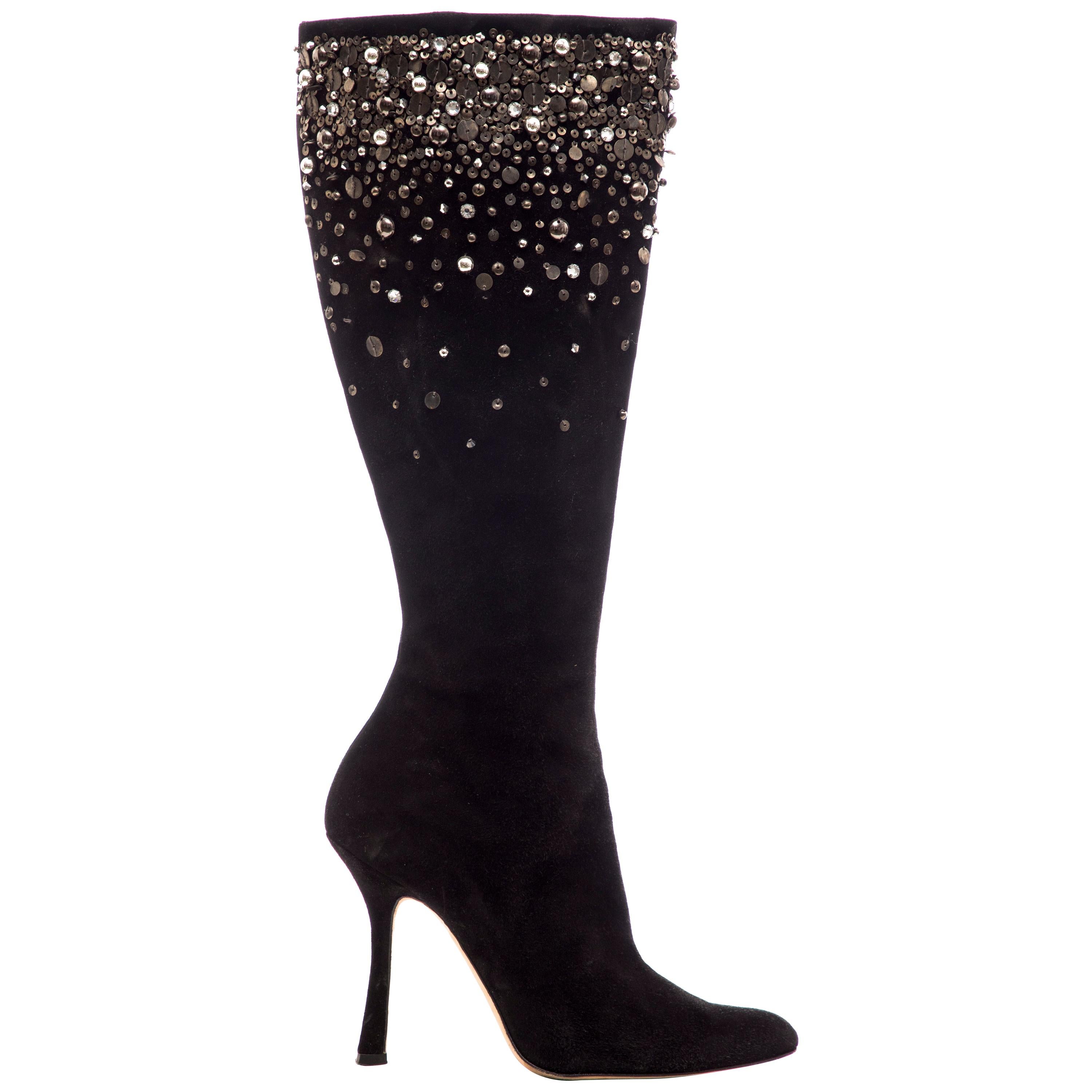 Oscar De La Renta Black Suede Embellished Boots, Fall 2006 For Sale