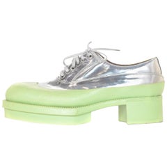 Prada Mint Green Metallic Silver Rubber & Leather Heeled Platform Oxford Shoes