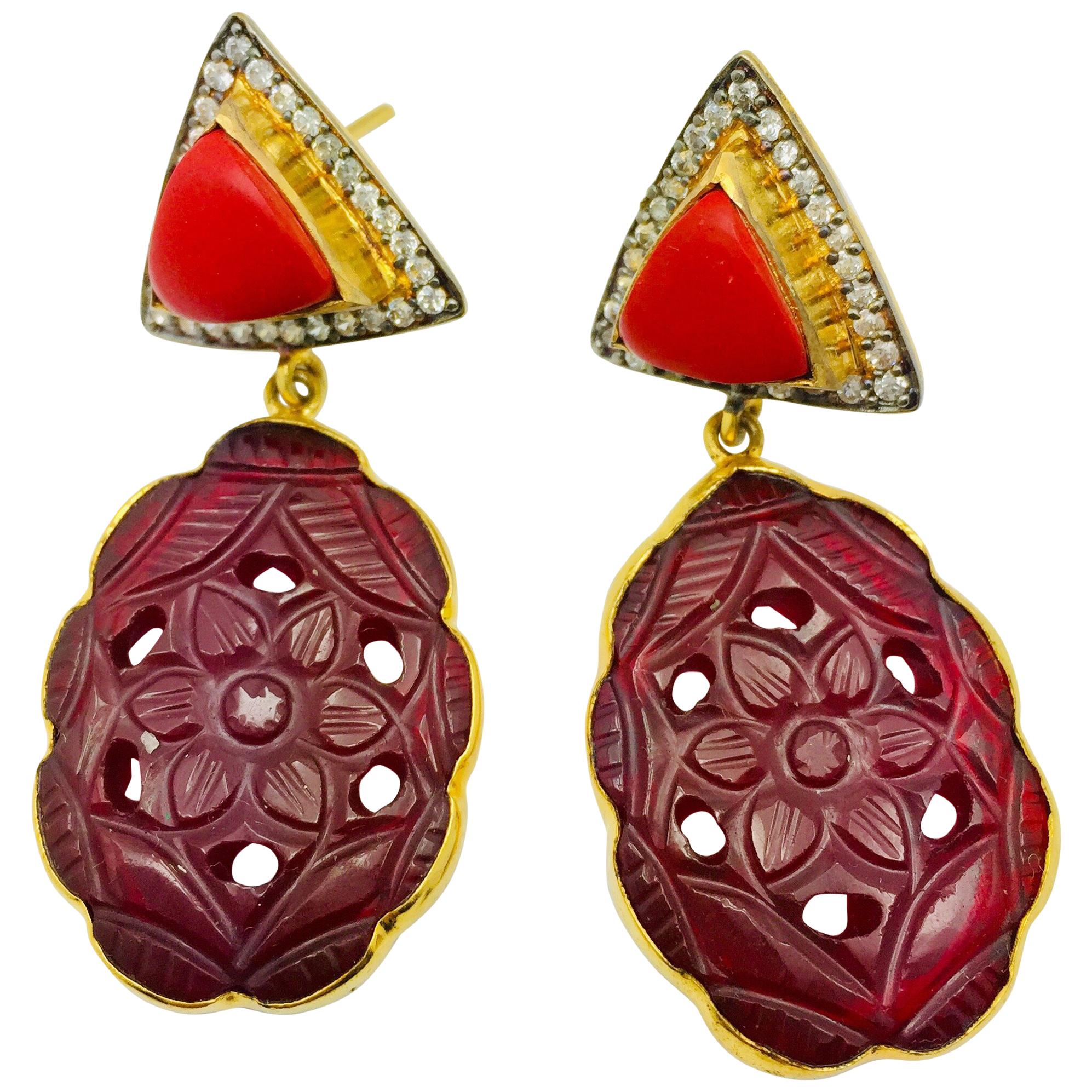 Red Resin Hand Carved Earrings  For Sale