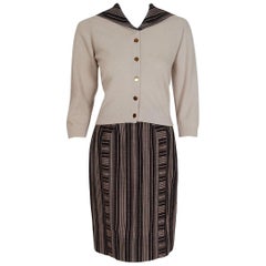 1950's Schiaparelli Beige Cashmere & Striped Wool Sailor-Flap Sweater Ensemble