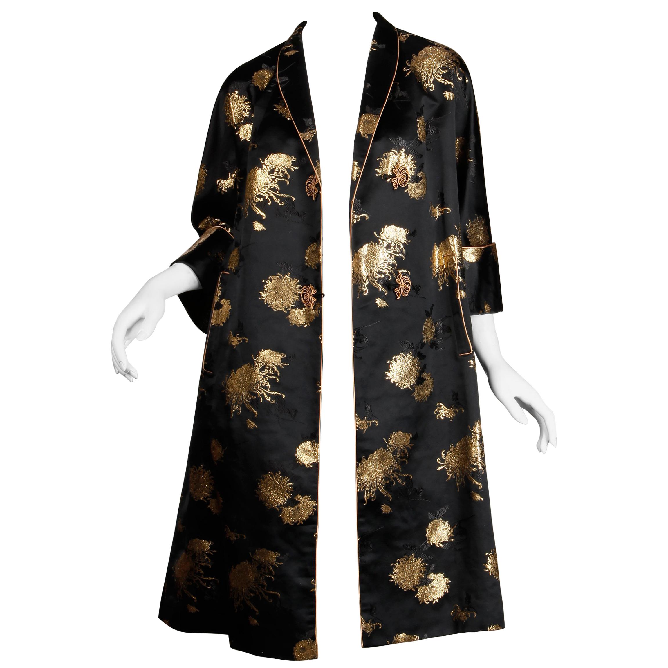 Stunning 1960s Vintage Black + Metallic Gold Silk Satin Evening or Opera Coat