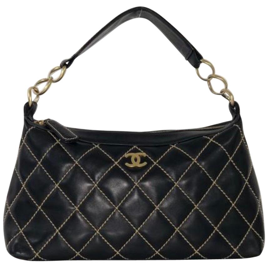 Chanel Lambskin Leather Wild Stitch Large Shoulder with Gold Hardware in Black For Sale