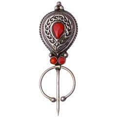 Moroccan Berber Silver Penannular Brooch with Glass Coral Stones