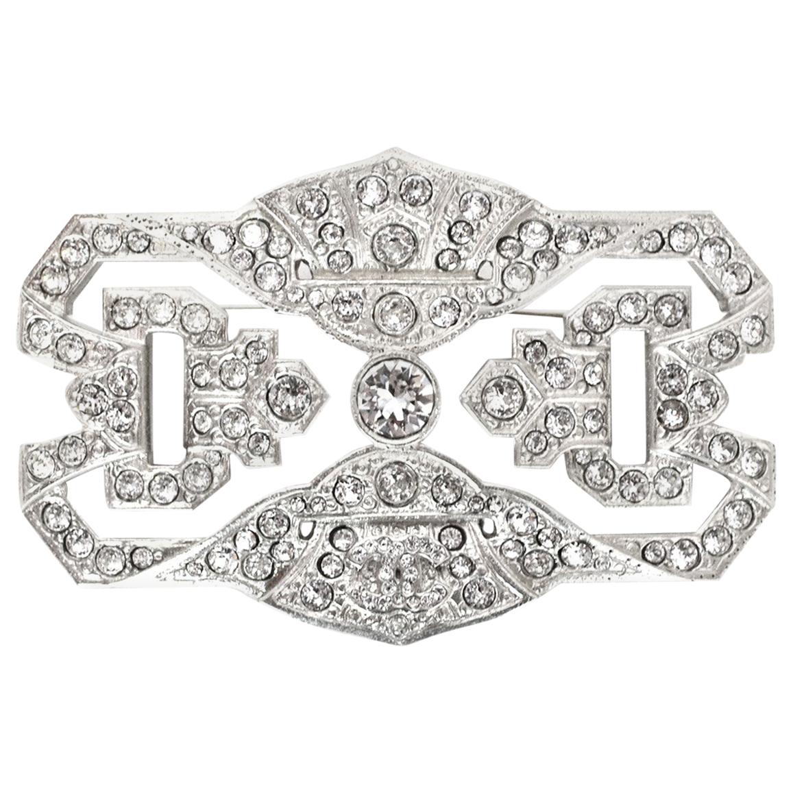 Chanel Crystal Clear Abstract Silvertone Brooch Pin
