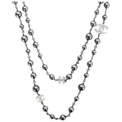 Chanel 2018 New Ruthenium Grey Pearl/Crystal CC Long 52" Necklace W/ Box