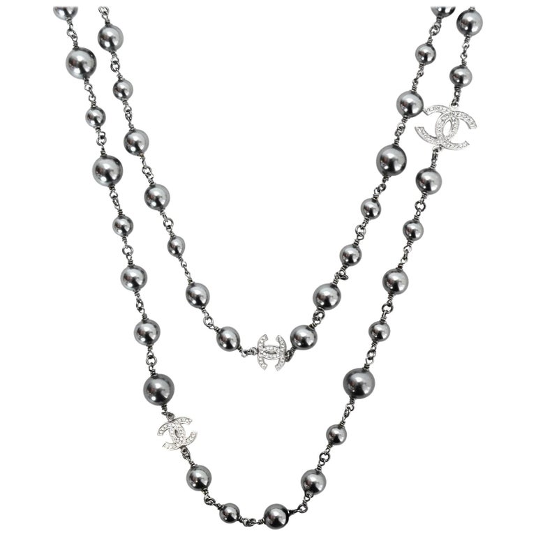 CHANEL CC Ruthenium Necklace with Pearls and Rhinestones, at 1stDibs