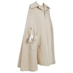 1966 Christian Dior Beige-Creme Mohair Wool Long Sleeve Dress & Cape Ensemble