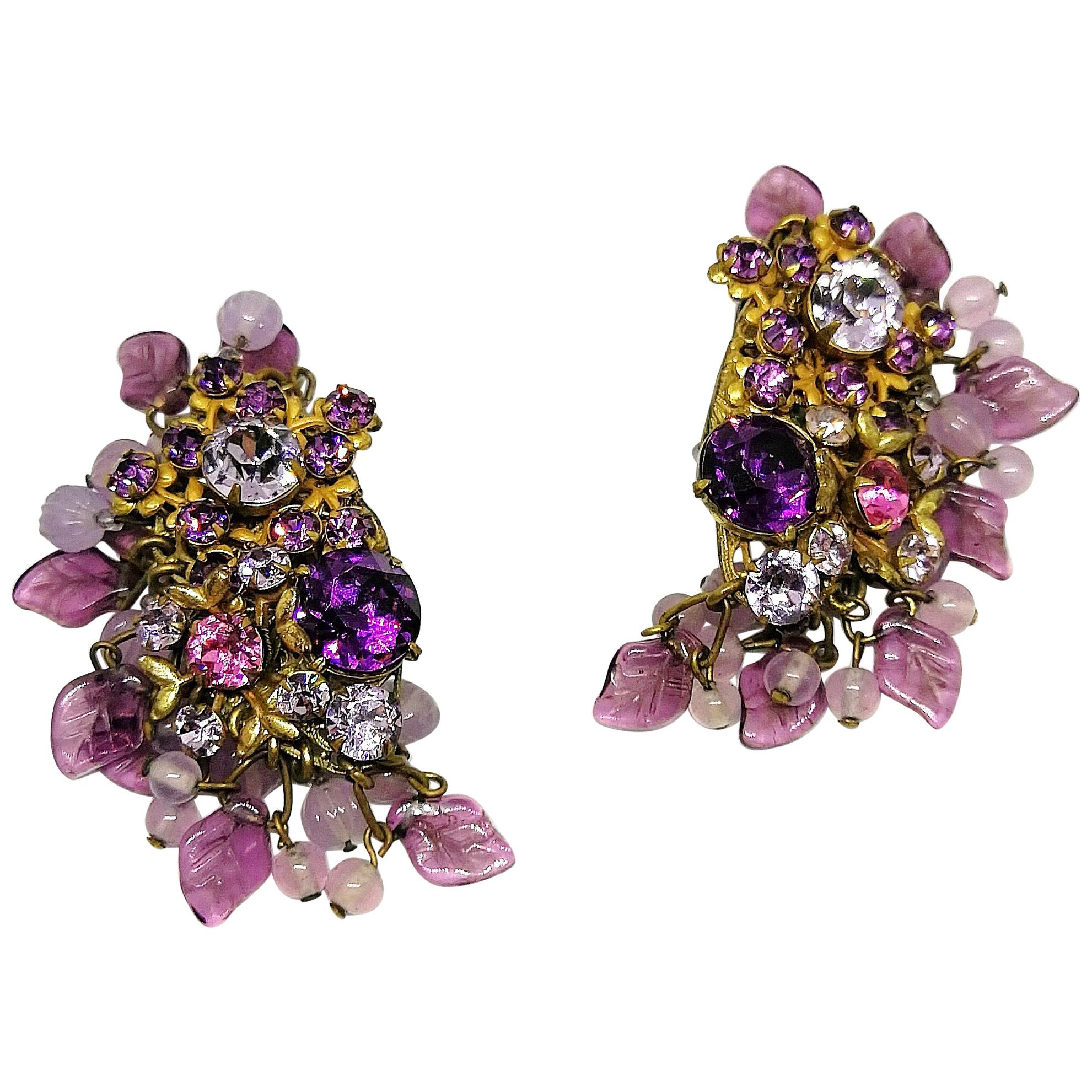 Amethyst glass and coloured paste large cluster earrings, Miriam Haskell, 1960s
