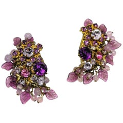 Vintage Amethyst glass and coloured paste large cluster earrings, Miriam Haskell, 1960s