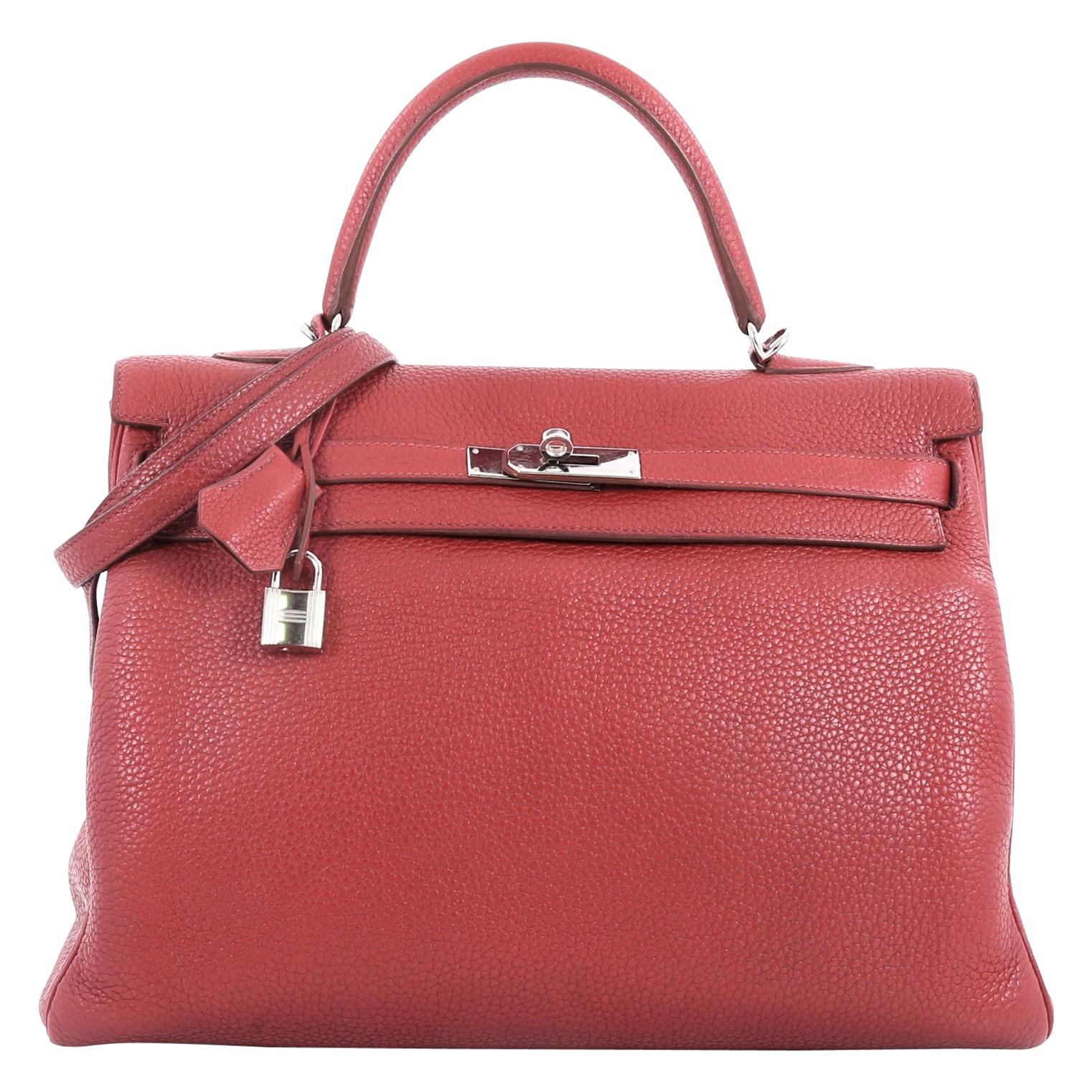 Hermes Kelly Handbag Rouge Garance Clemence with Palladium Hardware 35