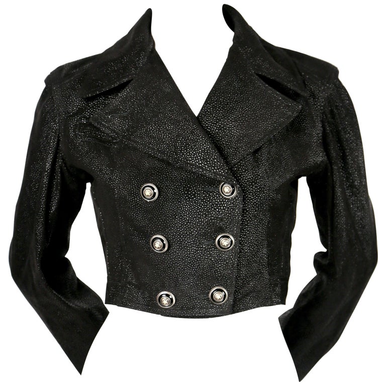 1991 AZZEDINE ALAIA cropped jacket in black textured leather at 1stDibs