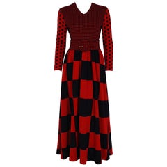 1971 Rudi Gernreich Documented Red Black Op-Art Wool Knit Belted Maxi Dress 