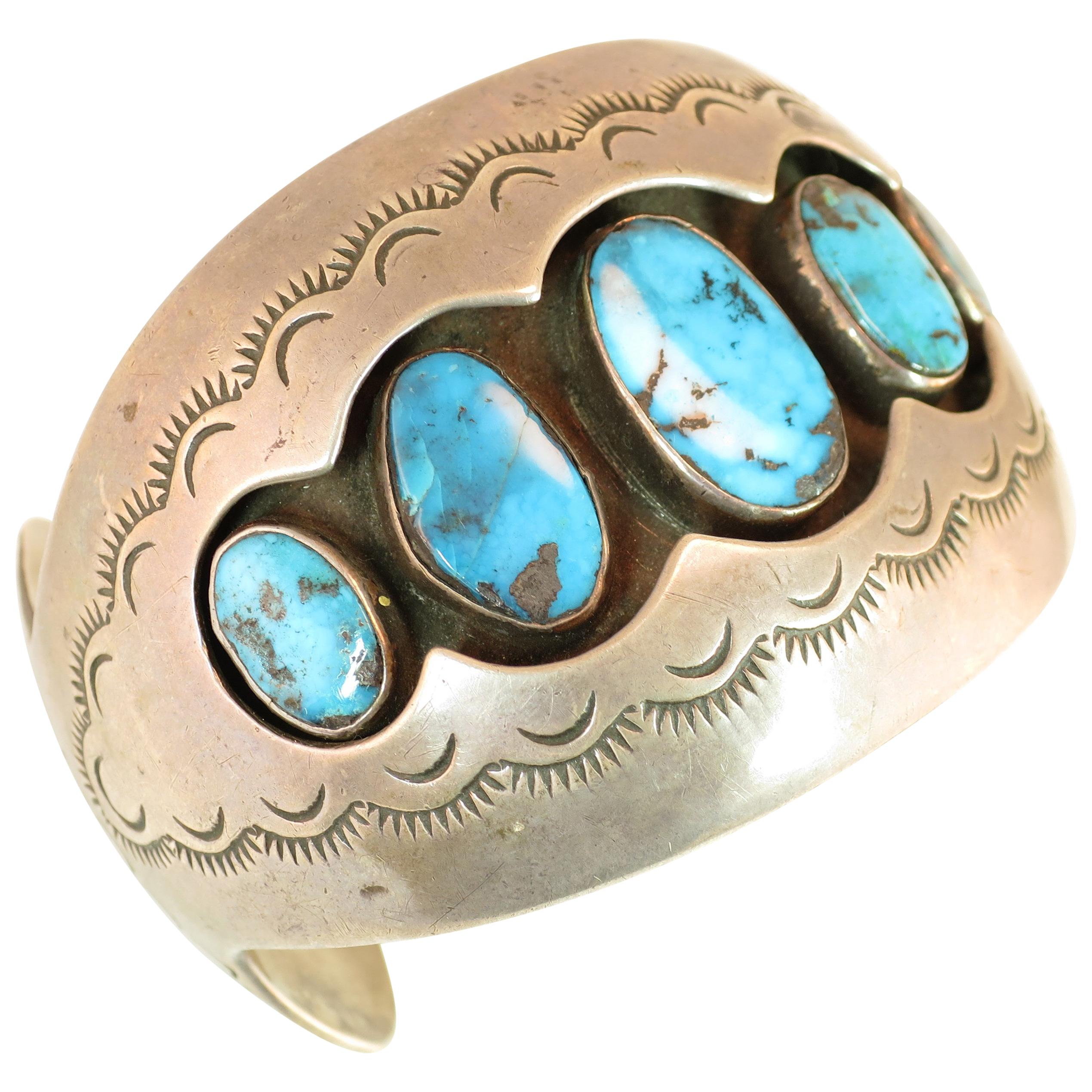 Native American Zuni Turquoise & Sterling Cuff Bracelet, Mabel Watson 1970s For Sale