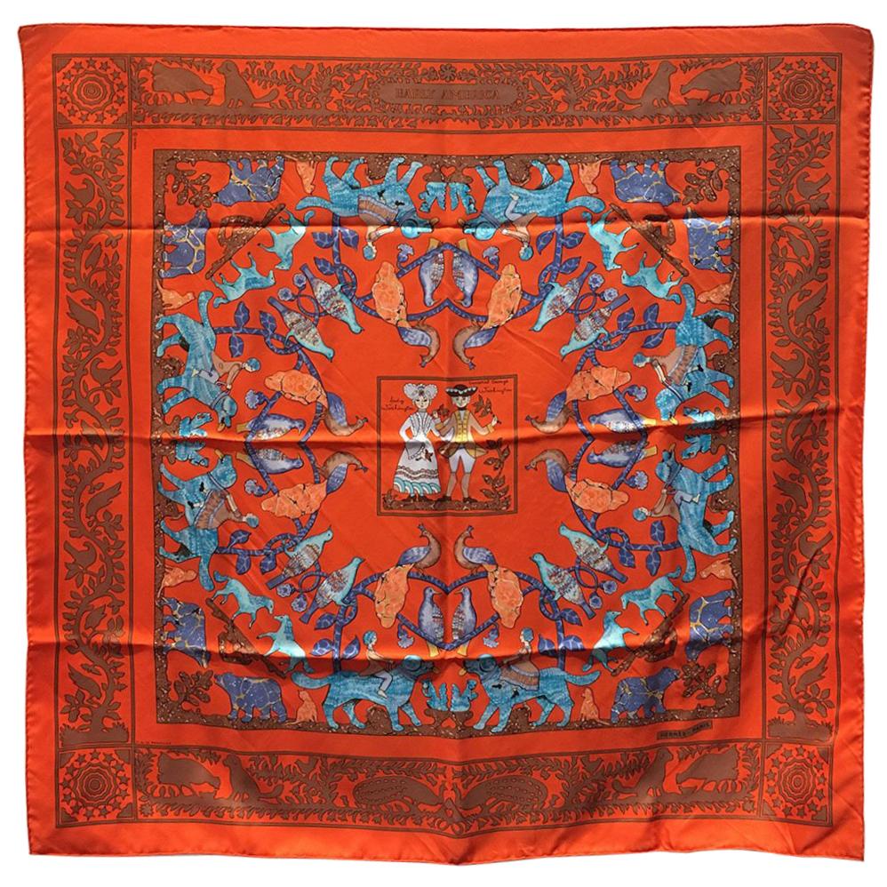 Hermes Early America Orange Silk Scarf