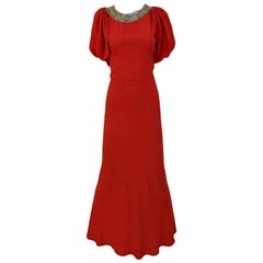 1930s Red Orange  Crepe Dress