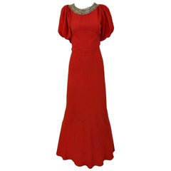 1930s Red Orange  Crepe Dress 