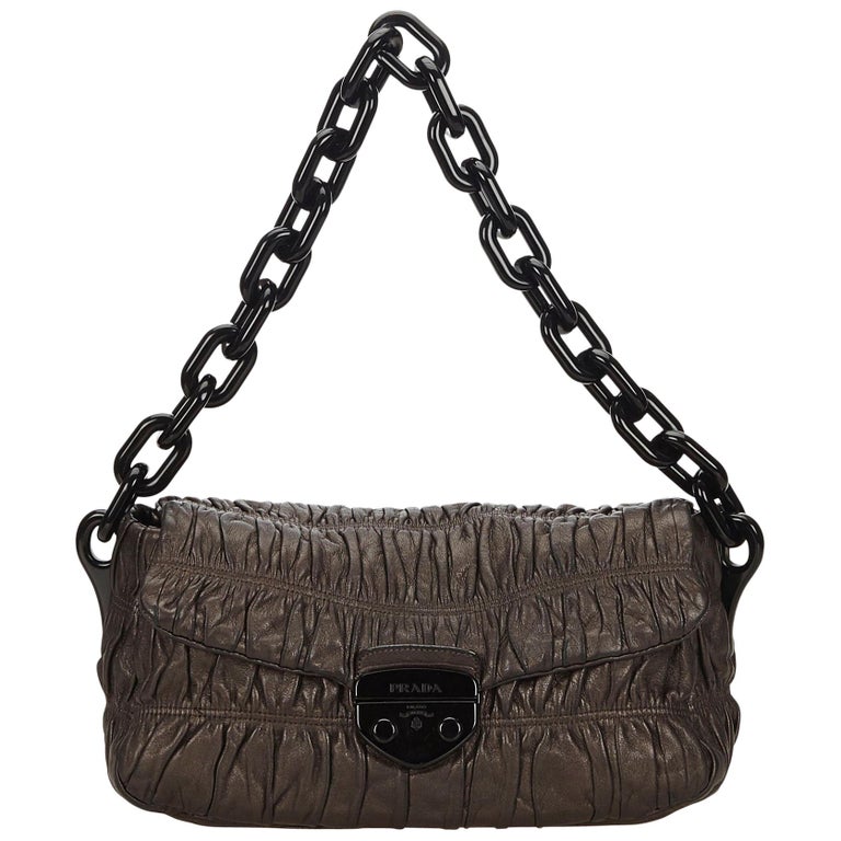 Prada Brown Gathered Leather Chain Shoulder Bag For Sale at 1stdibs