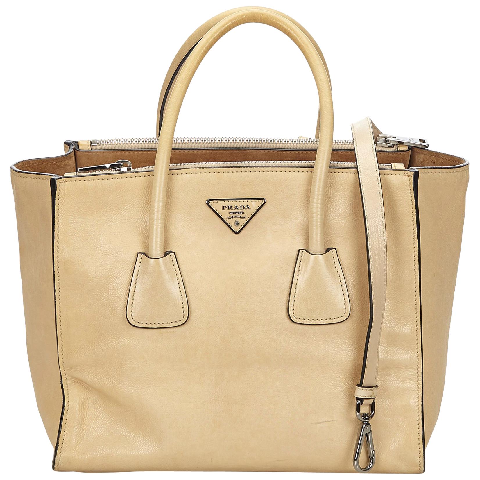 Prada Brown x Beige Calf Leather Twin Pocket Tote For Sale