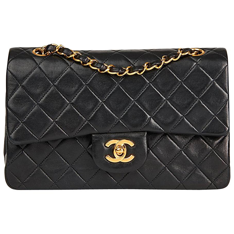 1991 Chanel Black Quilted Lambskin Vintage Small Classic Double Flap Bag