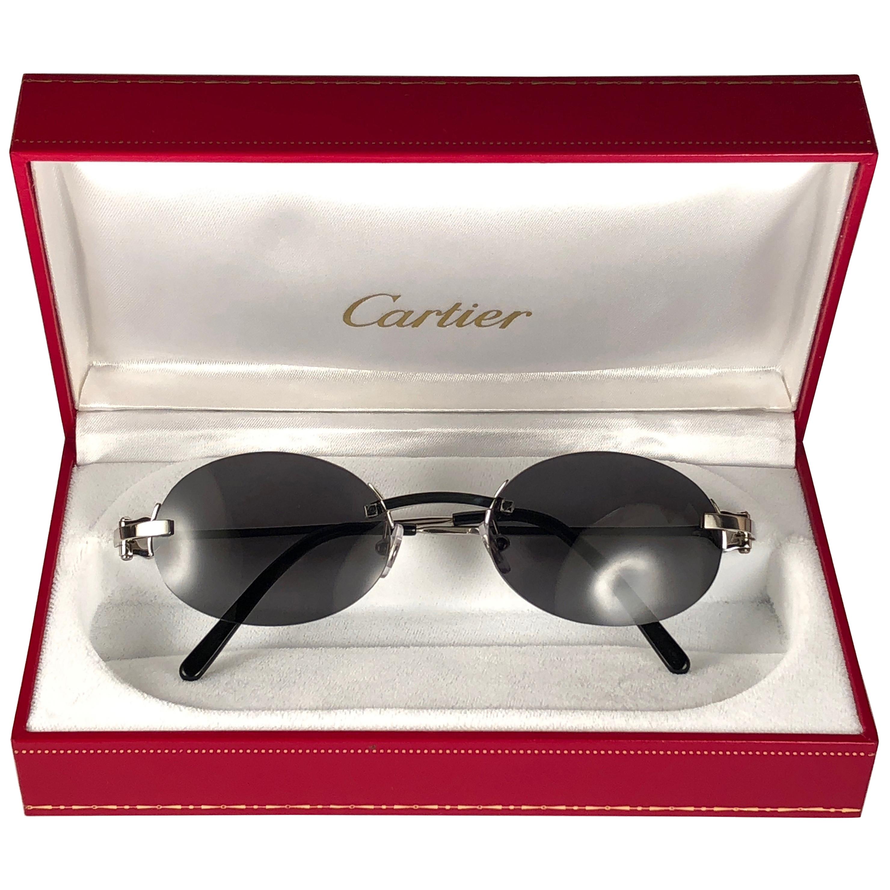 New Vintage Cartier Shamal Platine Rimless Grey Lens Case France Sunglasses