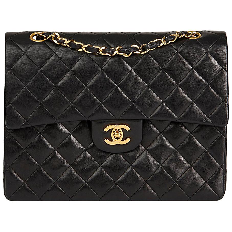 1987 Chanel Black Quilted Lambskin Vintage Medium Tall Classic Double Flap Bag