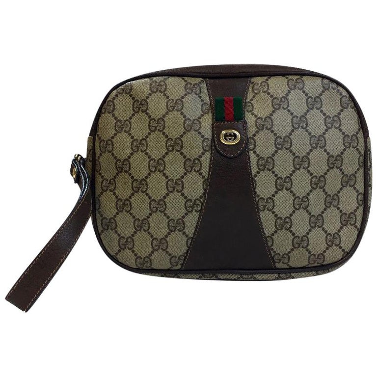 GUCCI Clutch Bag in Beige Monogram Coated Canvas and Brown Leather For