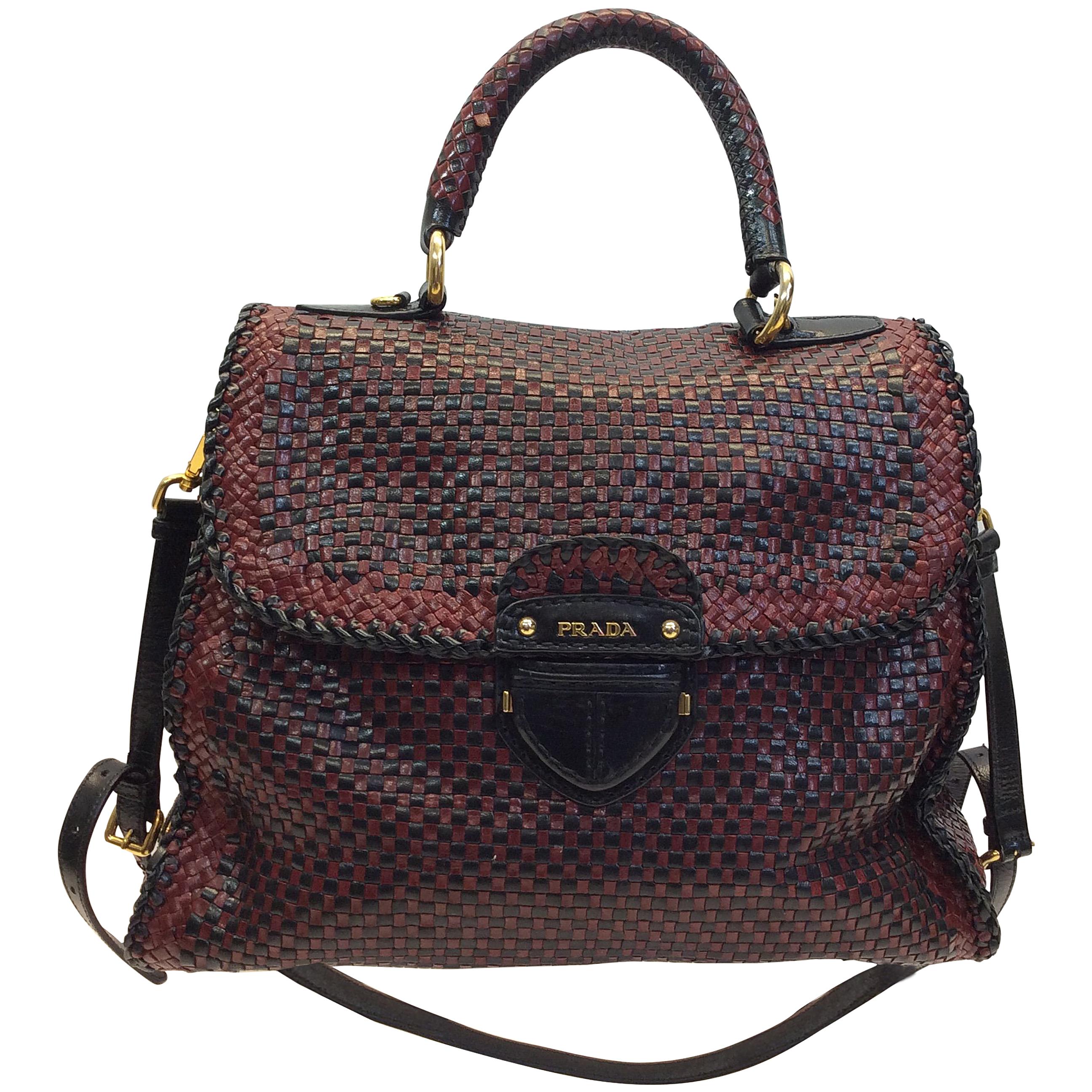 Prada Black and Red Woven Leather Satchel For Sale