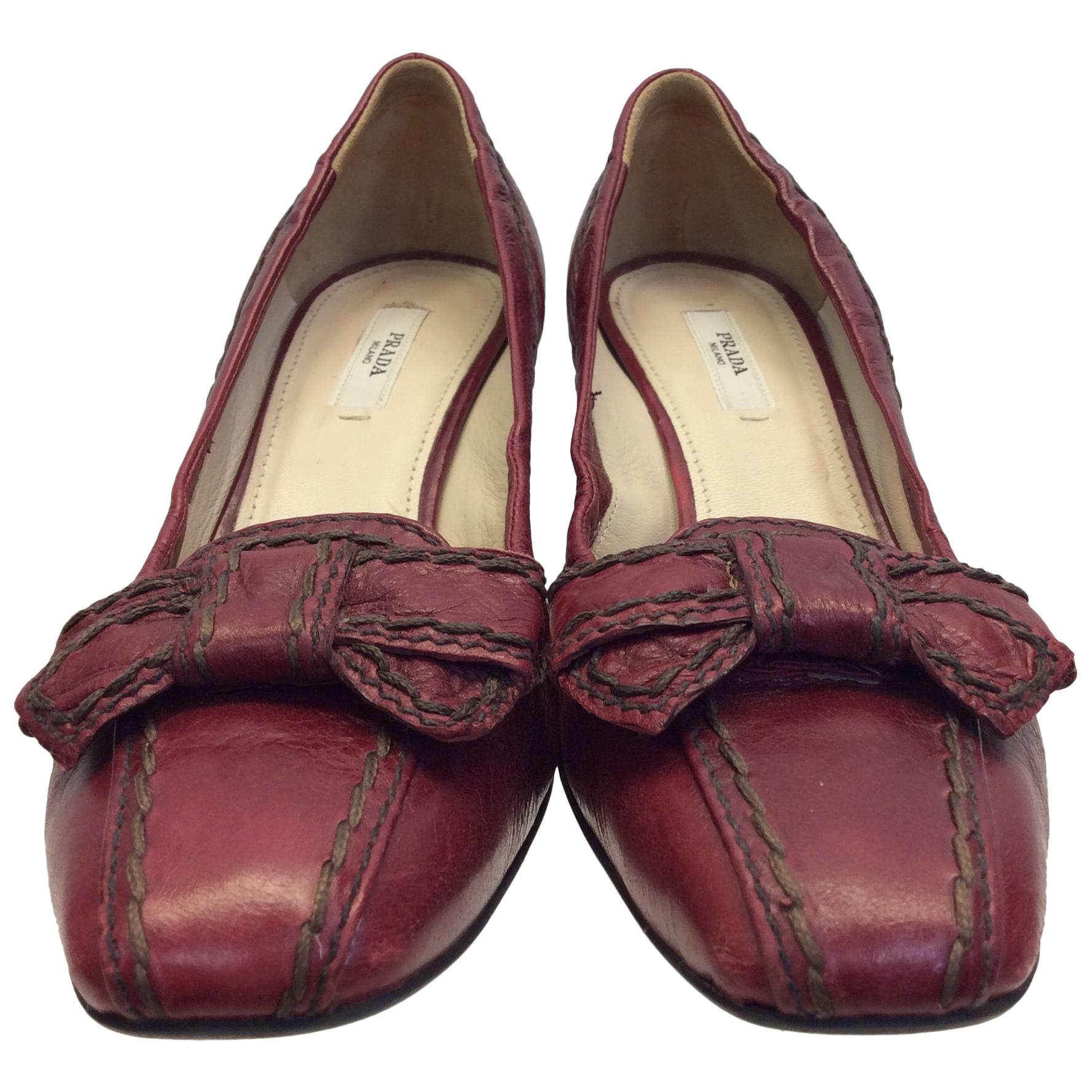 Prada Burgundy Leather Bow Heels For Sale