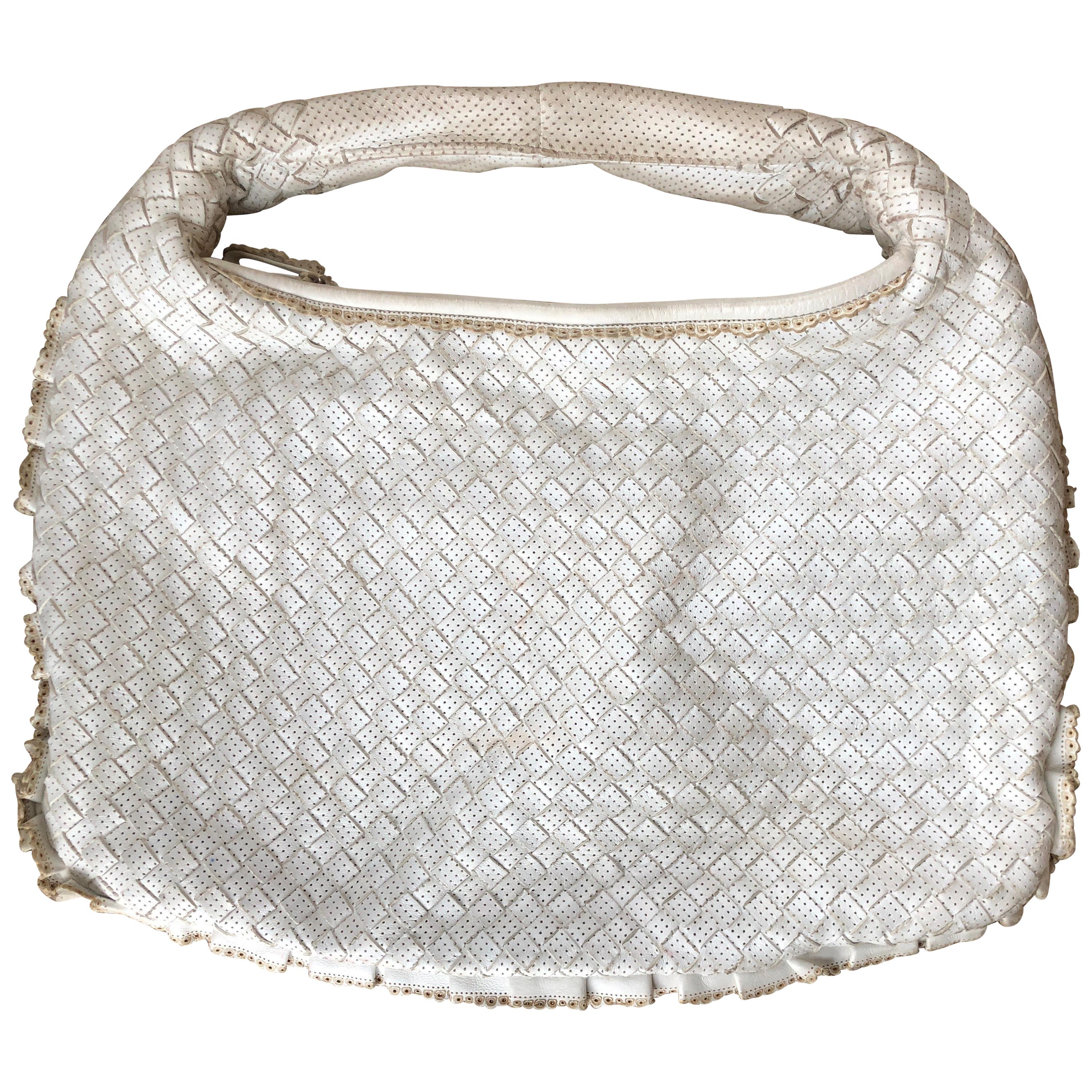 Bottega Veneta Intreccio Perforated White Leather Hobo with Ruffle Edge  For Sale