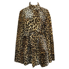 1960s Unlabeled Leopard Printed Faux Fur Velveteen Belted Cape