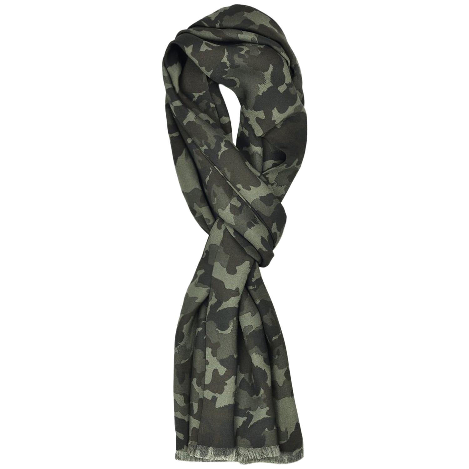 Tom Ford Men's Green Camouflage Print Silk Double Side Fringed Scarf  For Sale