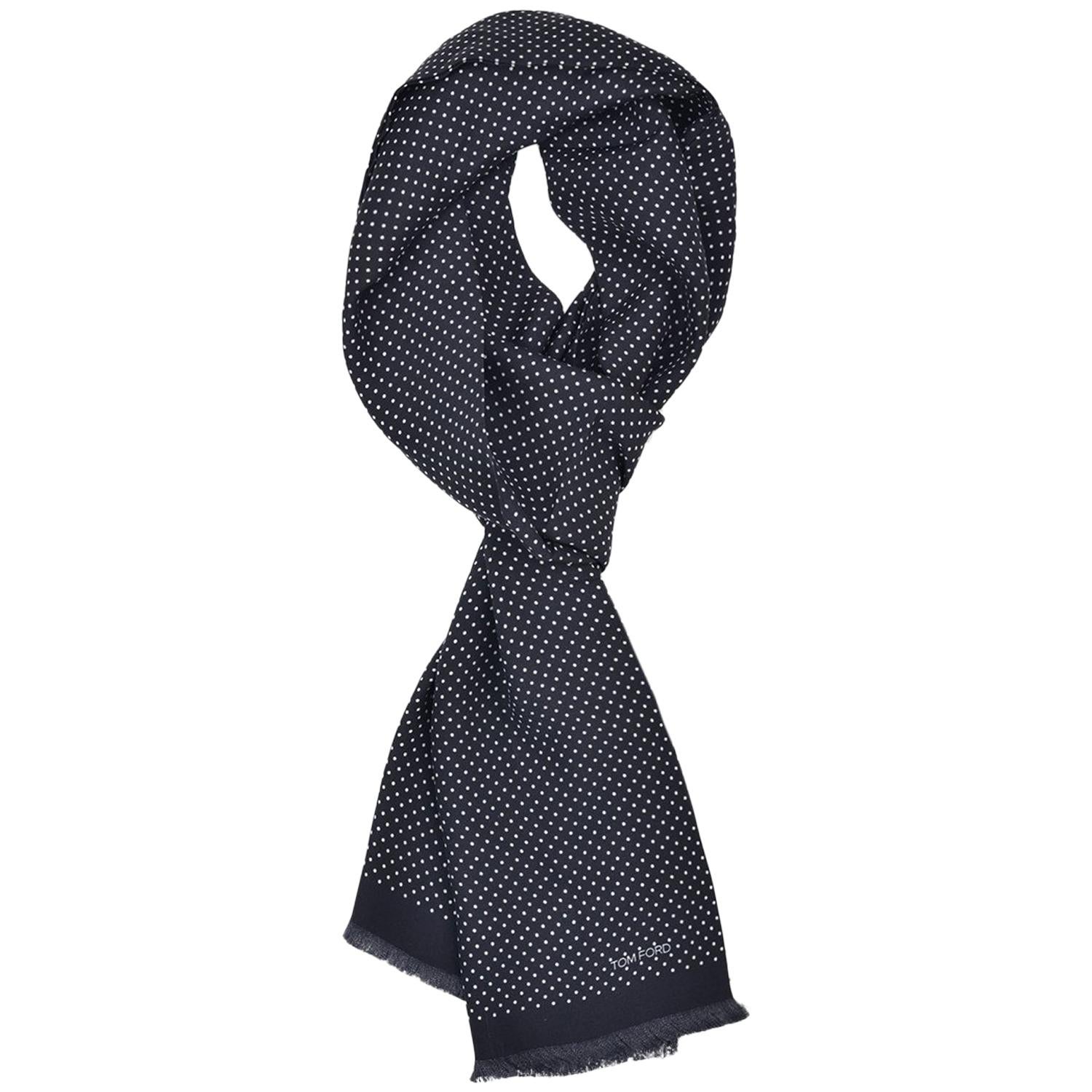 Tom Ford Men's Black Polka Dot Print Silk Double Side Fringed Scarf For Sale