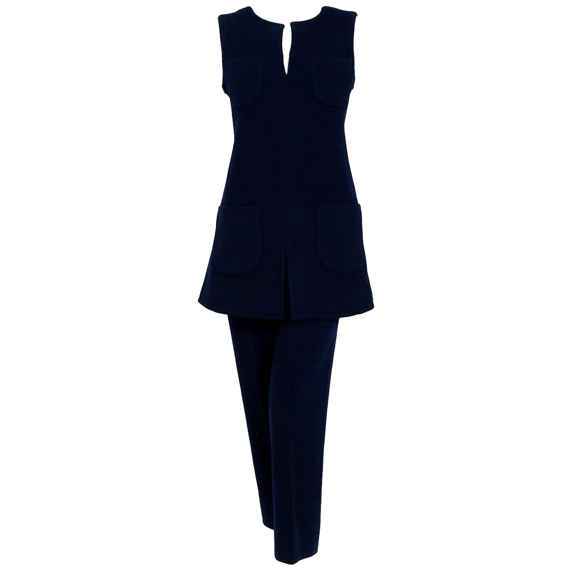 1968 Calvin Klein Navy-Blue Wool Mod Pockets Sleeveless Tunic & Pants Ensemble 