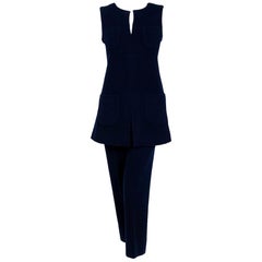 1968 Calvin Klein Navy-Blue Wool Mod Pockets Sleeveless Tunic & Pants Ensemble 