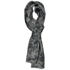 Tom Ford Men Green Grey Camouflage Print Silk Double Side Fringed Scarf