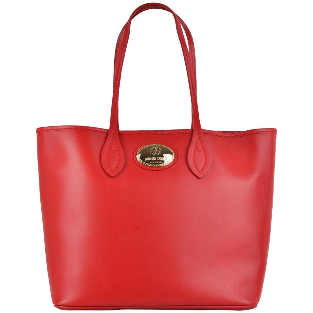 Roberto Cavalli Womens Firenze Red Large Leather Shopping Tote Bag For Sale