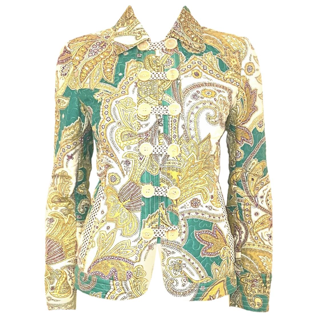  Etro Garden Floral Paisley Green/Yellow Quilted Jacket W/ Tab Buttons For Sale