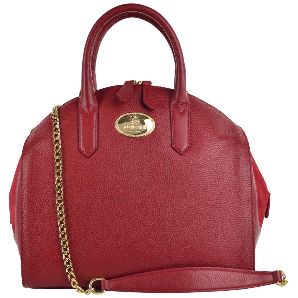 Roberto Cavalli Womens Burgundy Red Grained Leather Bowler Handbag For Sale