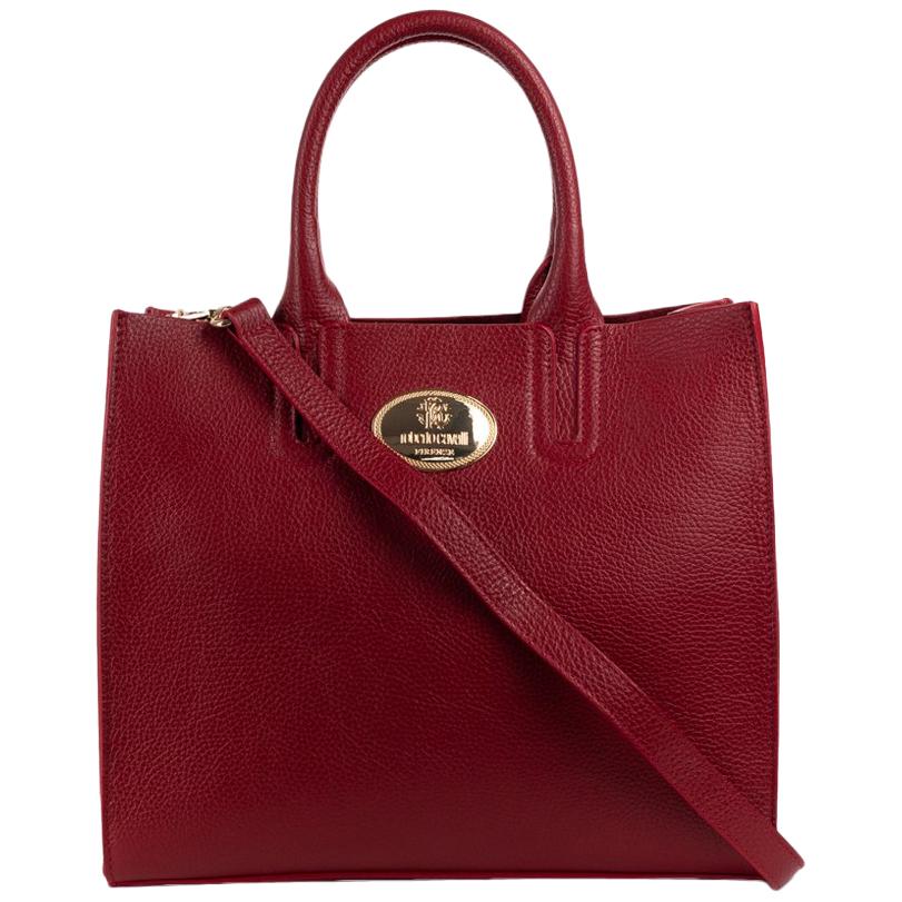 Roberto Cavalli Structured Burgundy Red Grainy Calf Leather Tote Bag For Sale