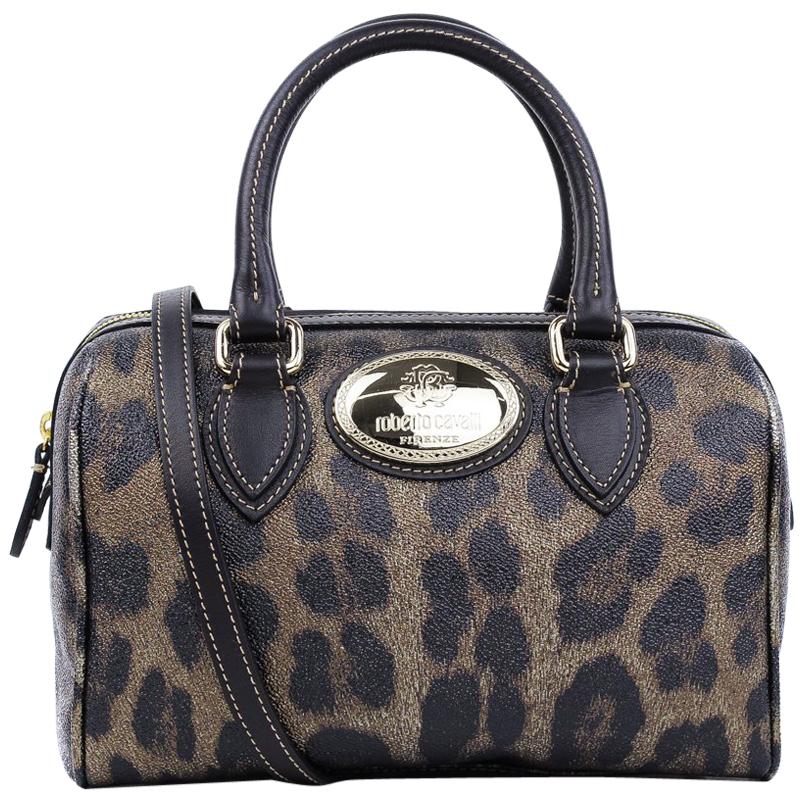 Roberto Cavalli Women's Black Leopard Duffle Satchel Shoulder Bag For Sale