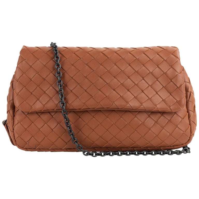 Bottega Camel Brown Intrecciato Small Chain Crossbody Bag For