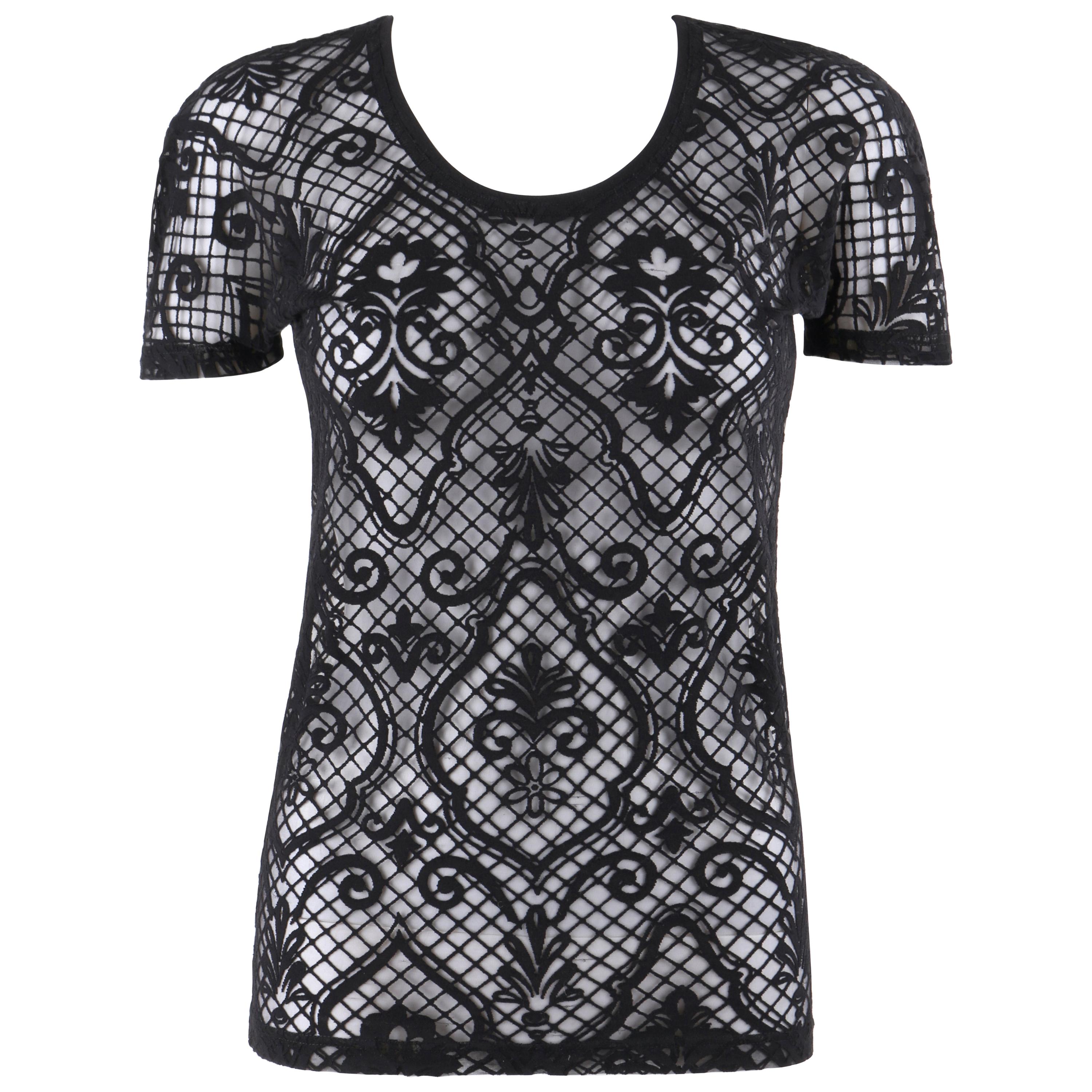 VERSACE S/S 2005 Black Baroque Mesh Knit Scoop Neck Tee Shirt For Sale