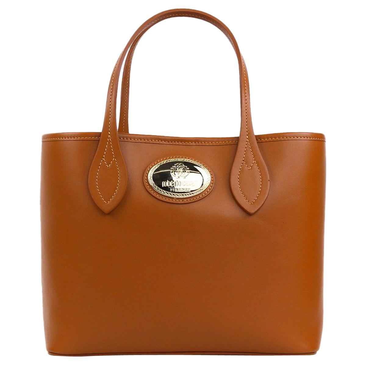 Roberto Cavalli Firenze Cognac Brown Small Leather Shopping Tote Bag For Sale
