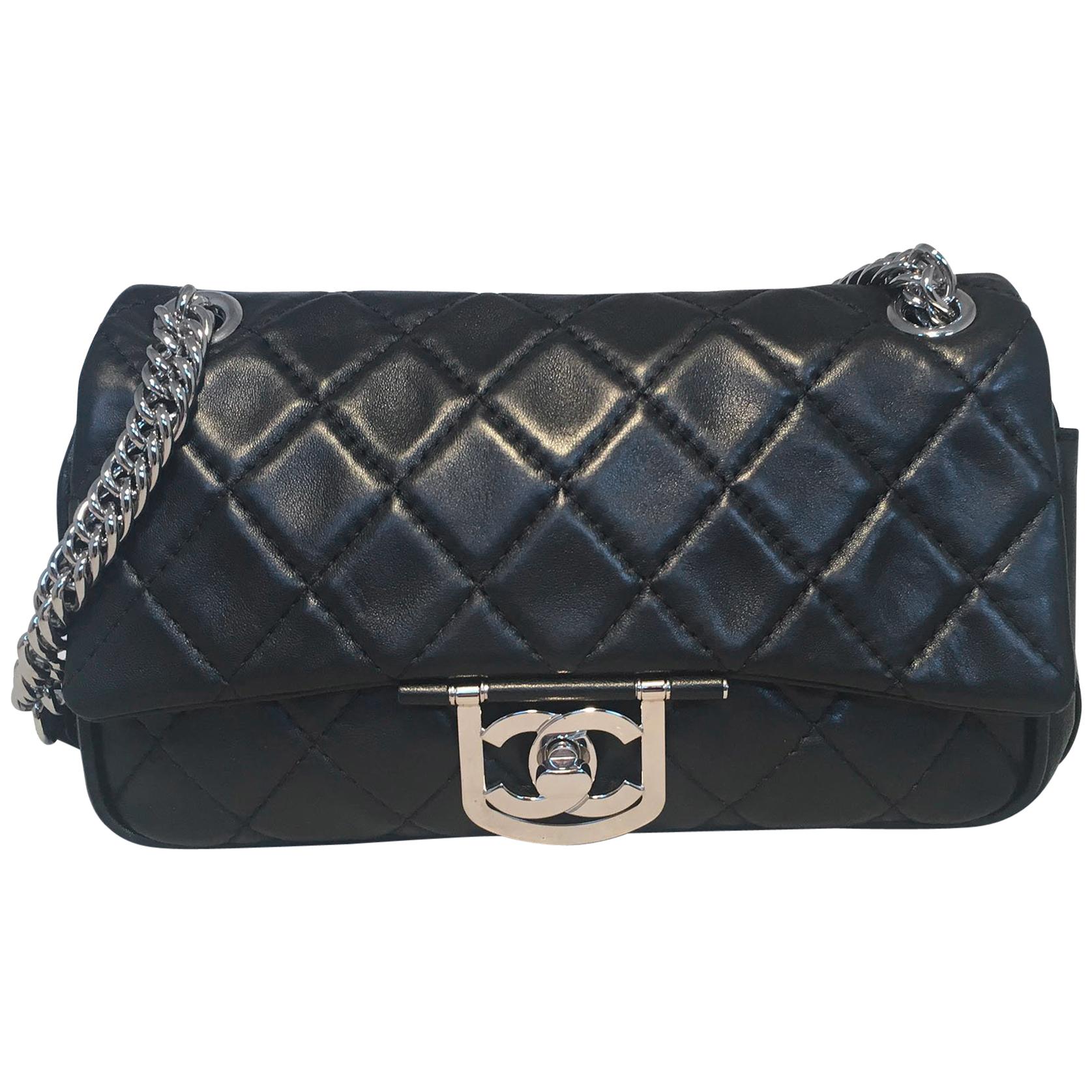 Chanel Black Leather 10inch Classic Flap with Chain Strap Shoulder Bag