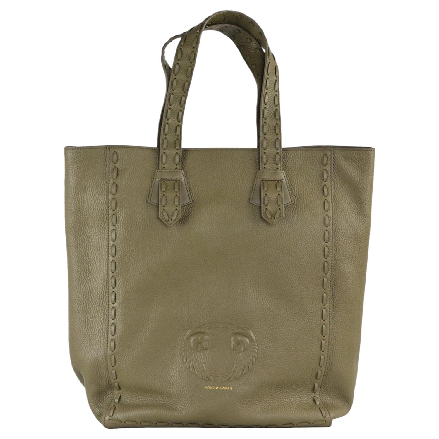 Roberto Cavalli Olive Green Grained Leather Stitched Trim Tote Bag For Sale