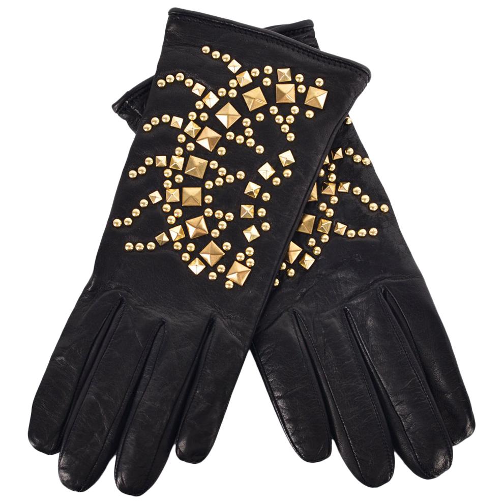 Roberto Cavalli Black Leather Wool Lined Gold Studded Gloves For Sale