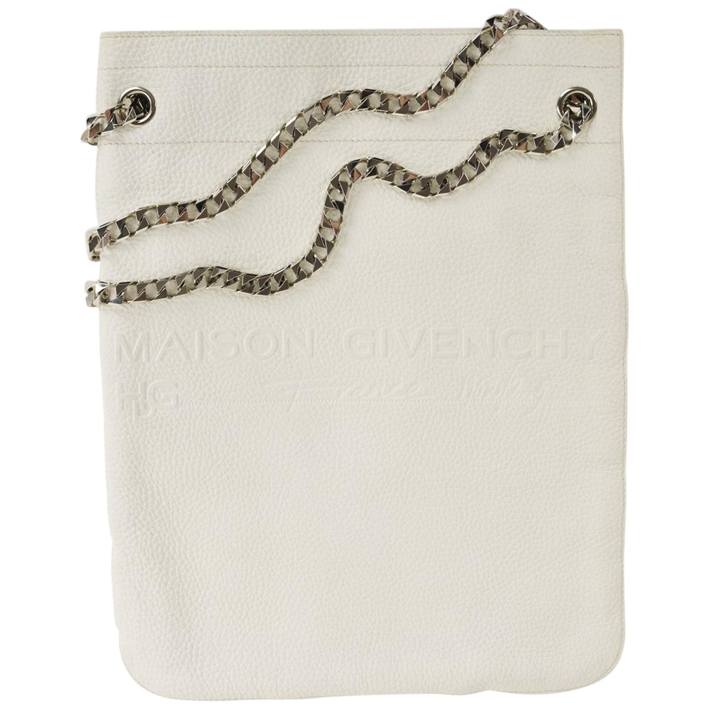 Givenchy White Leather Maison Silver Chain Strap Shoulder Bag For Sale